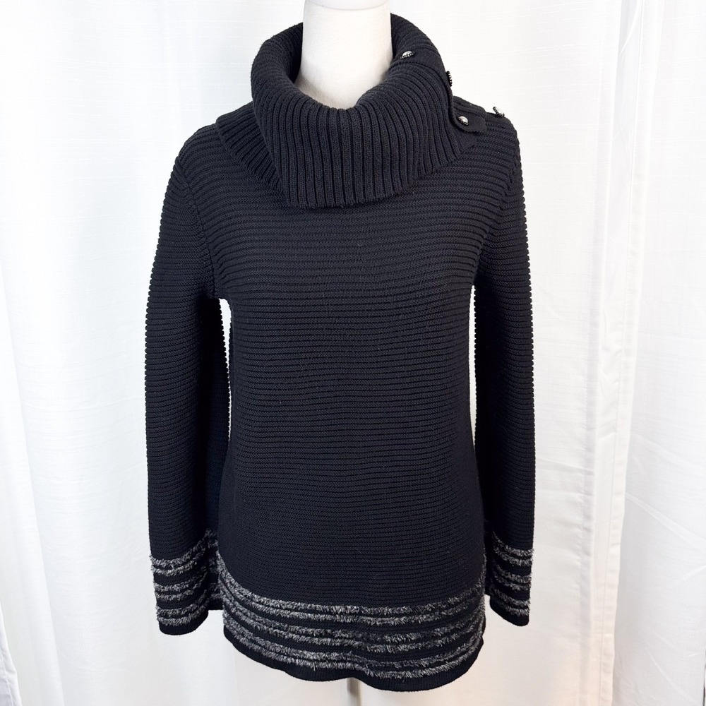 Karl Lagerfeld Paris Ribbed Cowl Neck Sweater Pearl Button Shoulder Marled Hem S